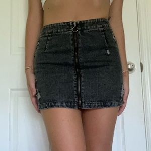 Gray Distressed Zip Denim Skirt